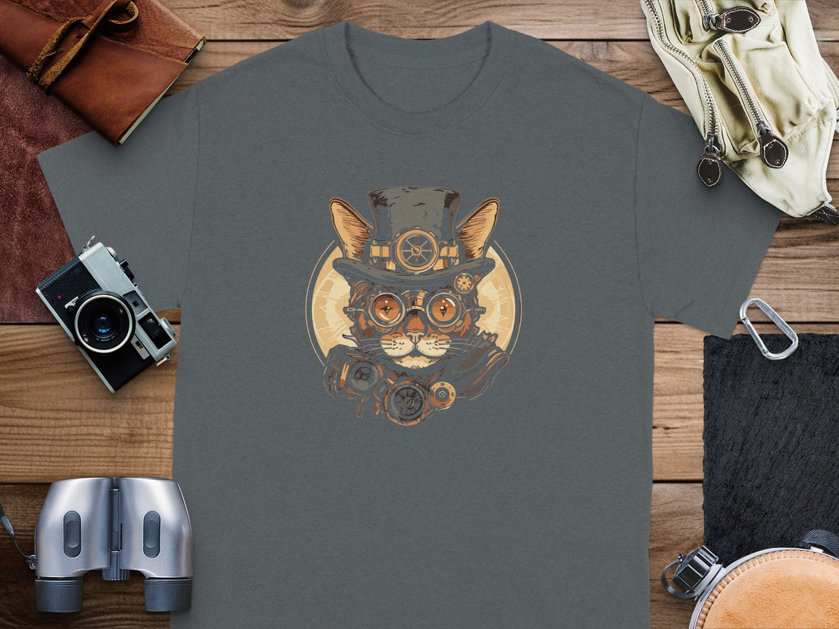 Steampunk cat wearing top hat and goggles graphic on a gray t-shirt.
