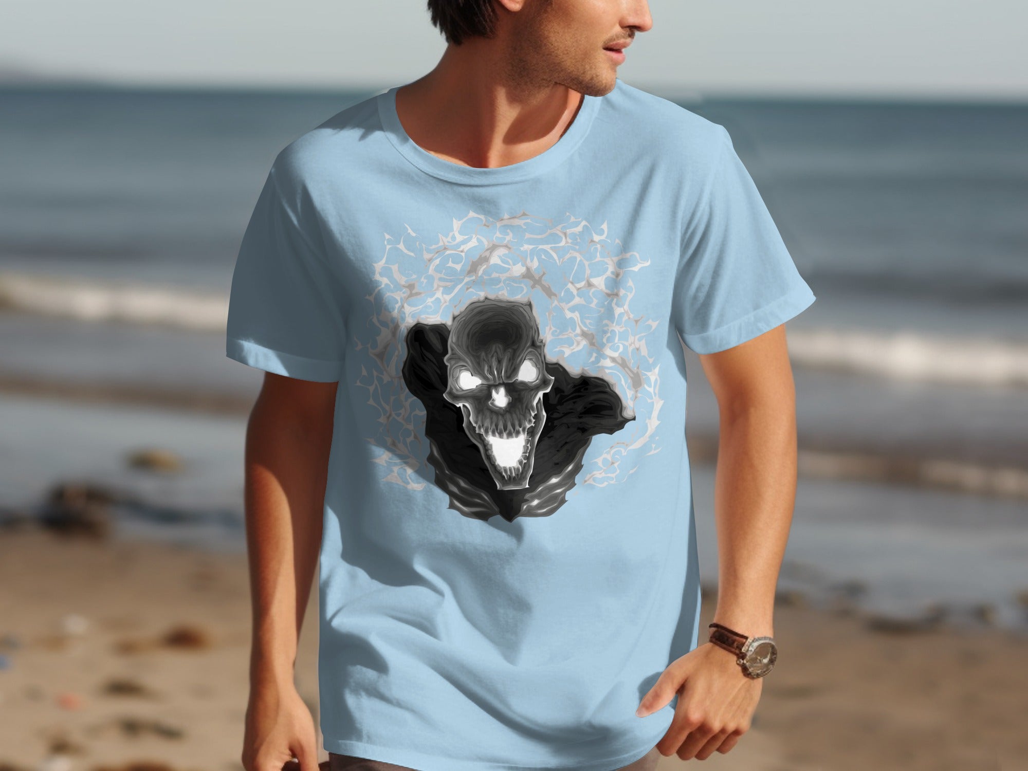 Light blue t-shirt with a detailed black and white skull graphic.