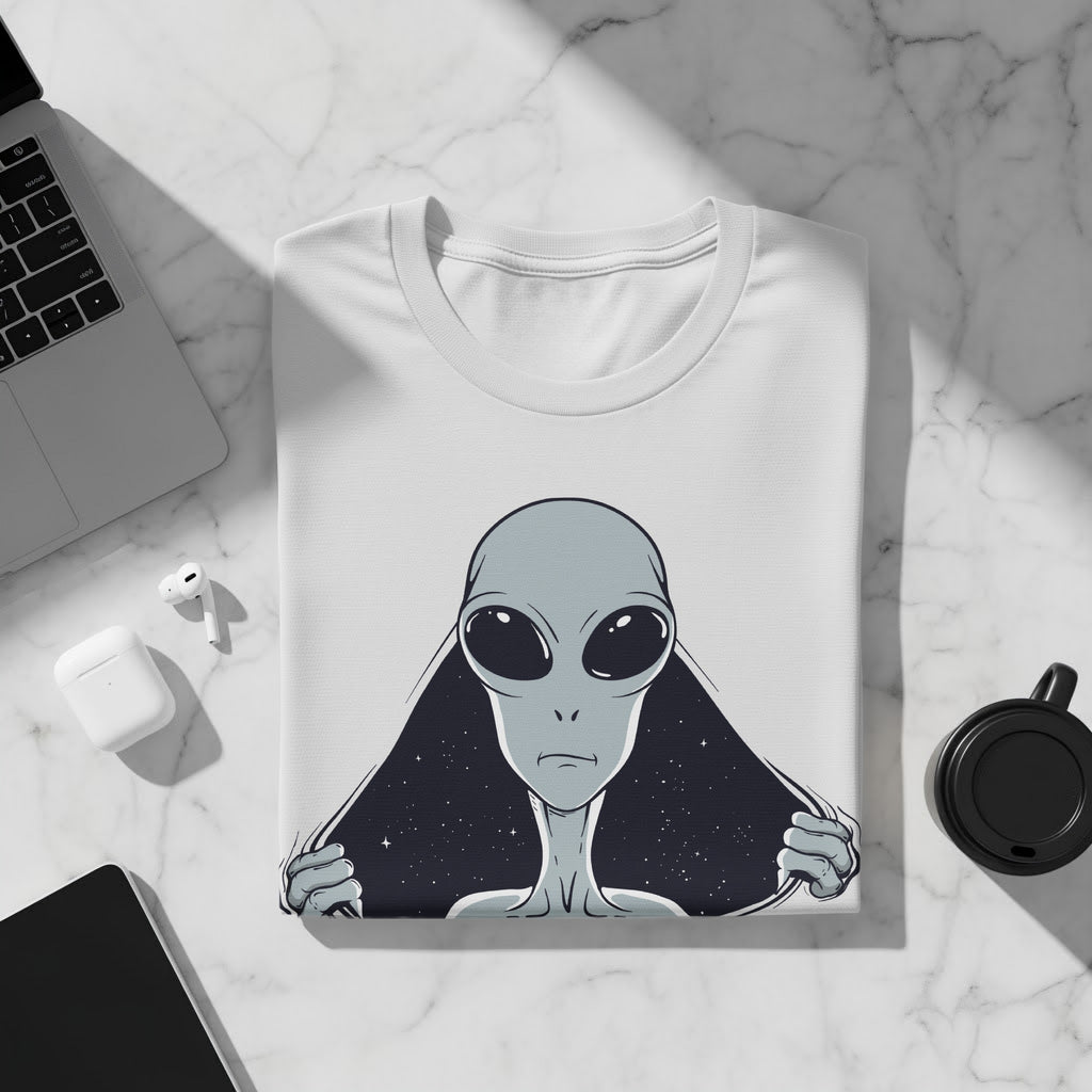 White t-shirt with a graphic of a gray alien and starry background.