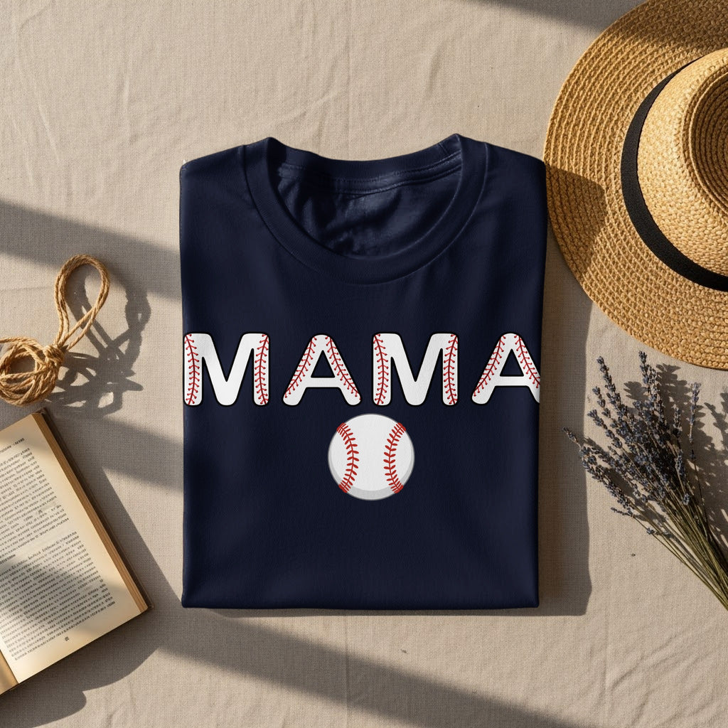 Navy t-shirt with white "MAMA" text in baseball stitching and a baseball graphic.
