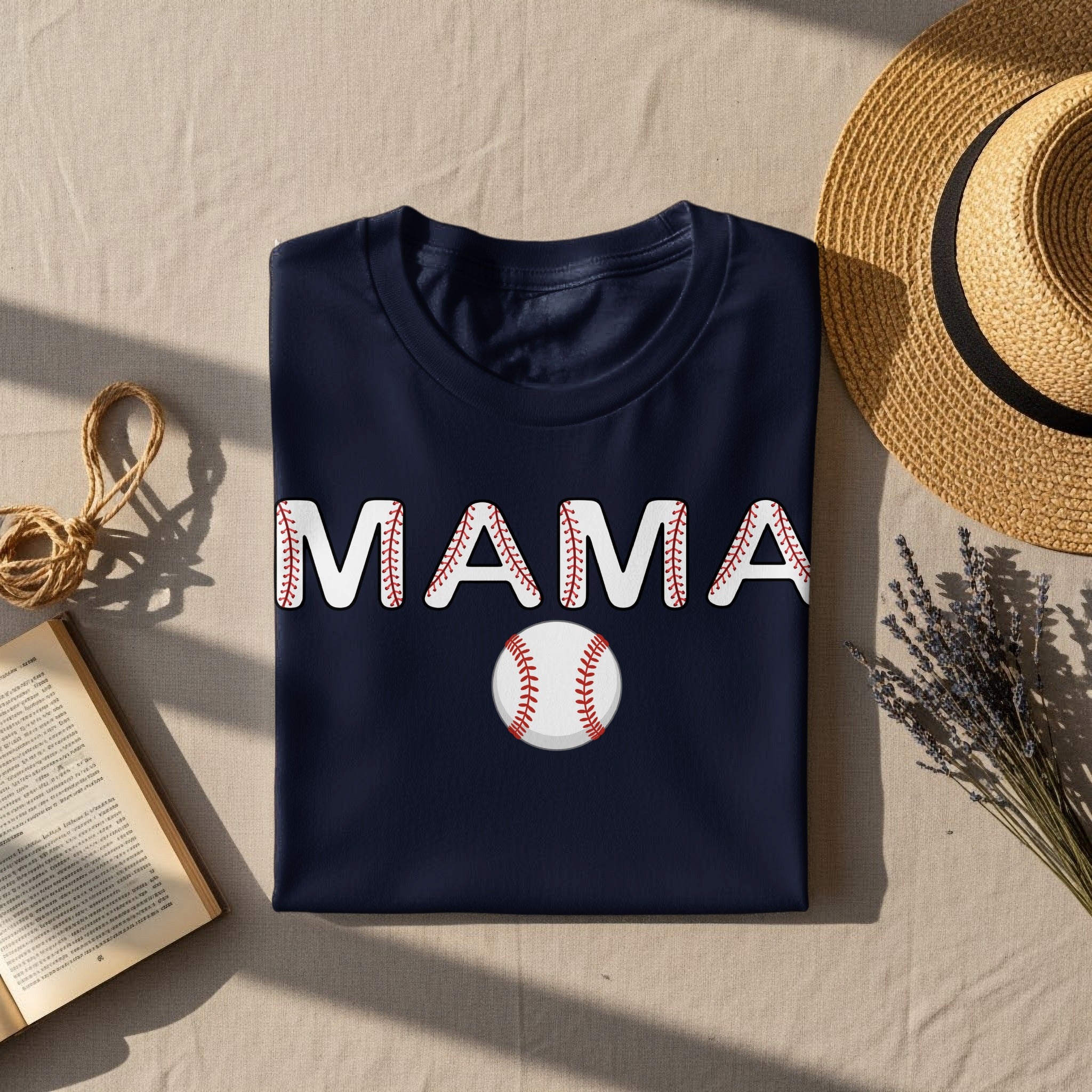 Navy t-shirt with white "MAMA" text in baseball stitching and a baseball graphic.