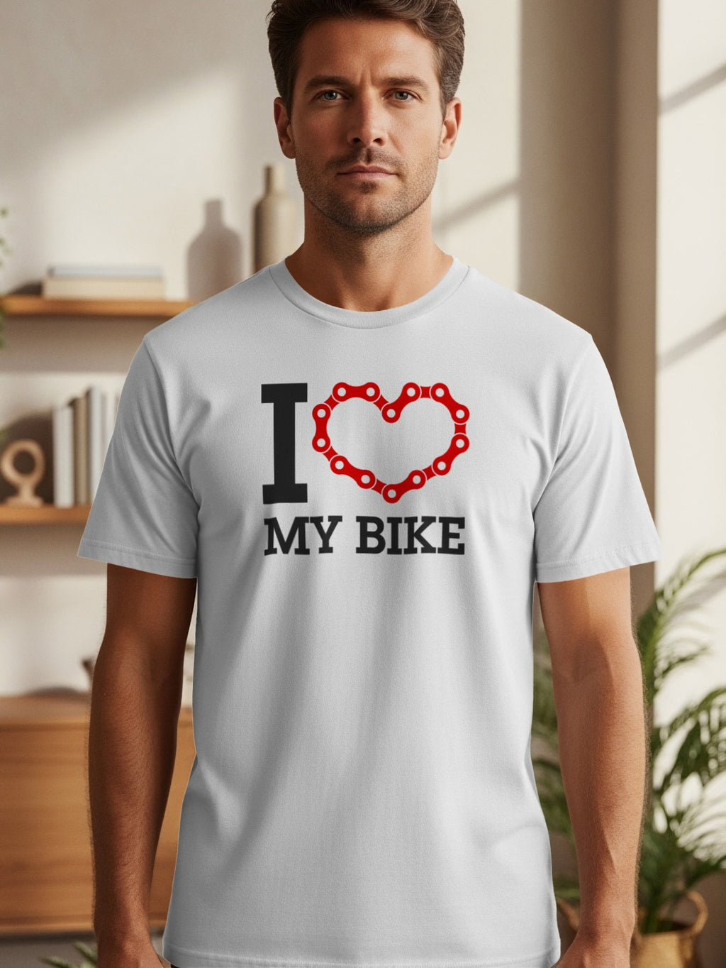 White t-shirt with "I ❤️ MY BIKE" graphic using bicycle chain.