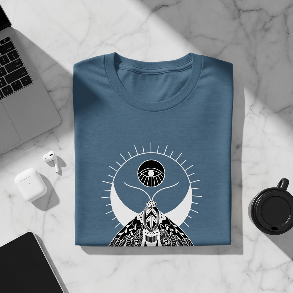 Blue t-shirt with black and white moth and eye graphic on marble surface.