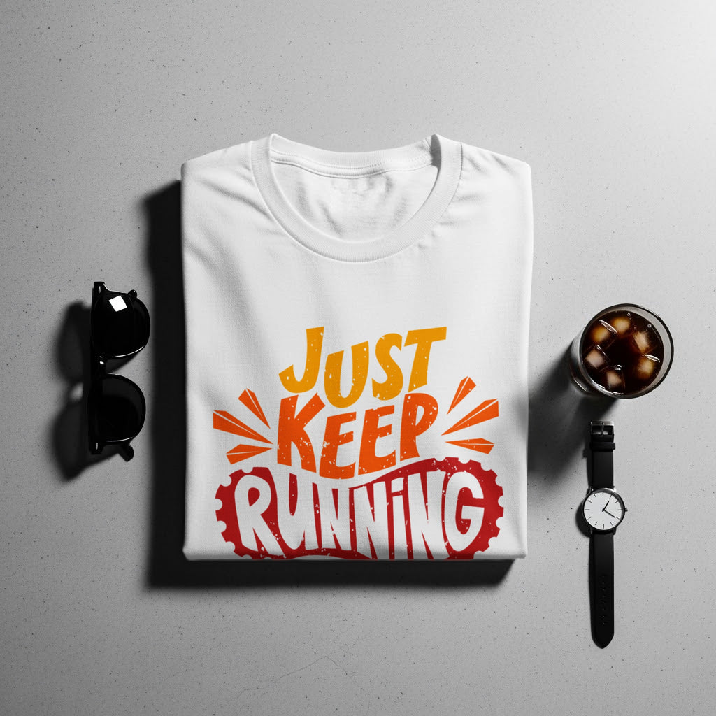 White t-shirt with "JUST KEEP RUNNING" graphic, sunglasses, and watch.