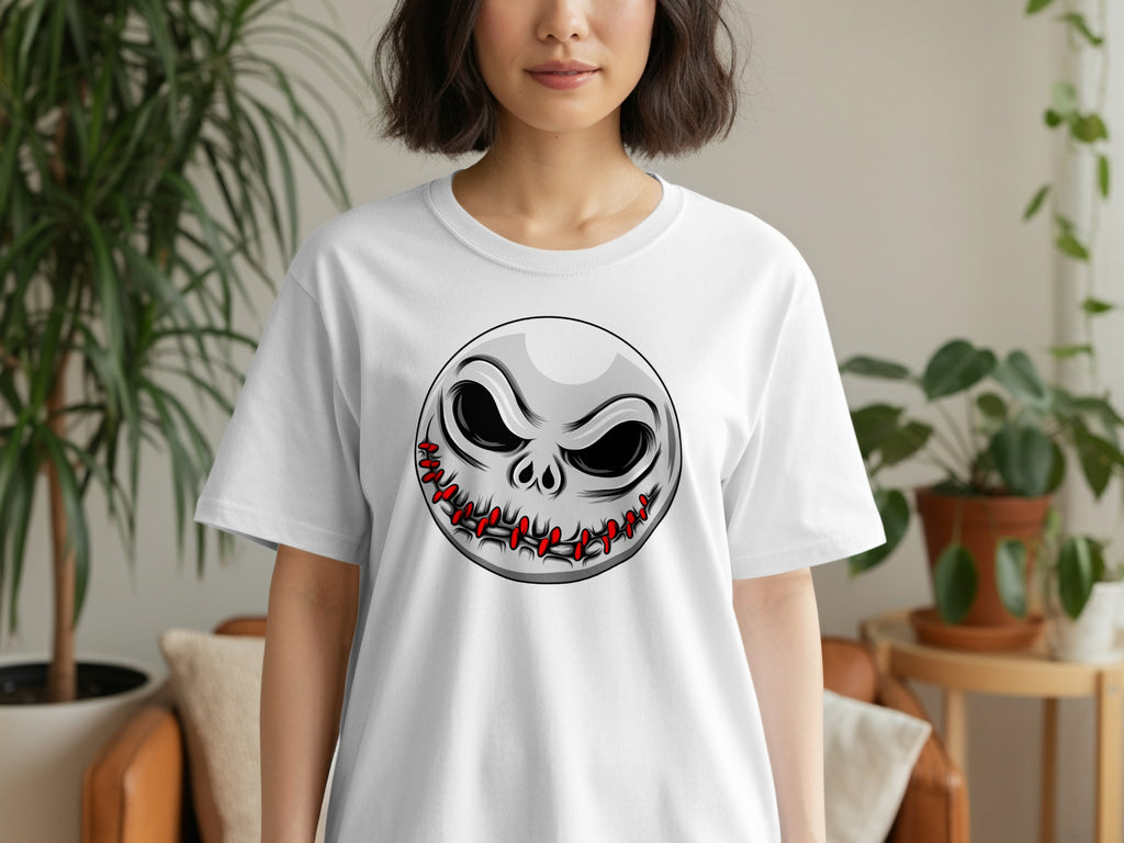White t-shirt with a grey, spooky grinning skull graphic stitched with red thread.