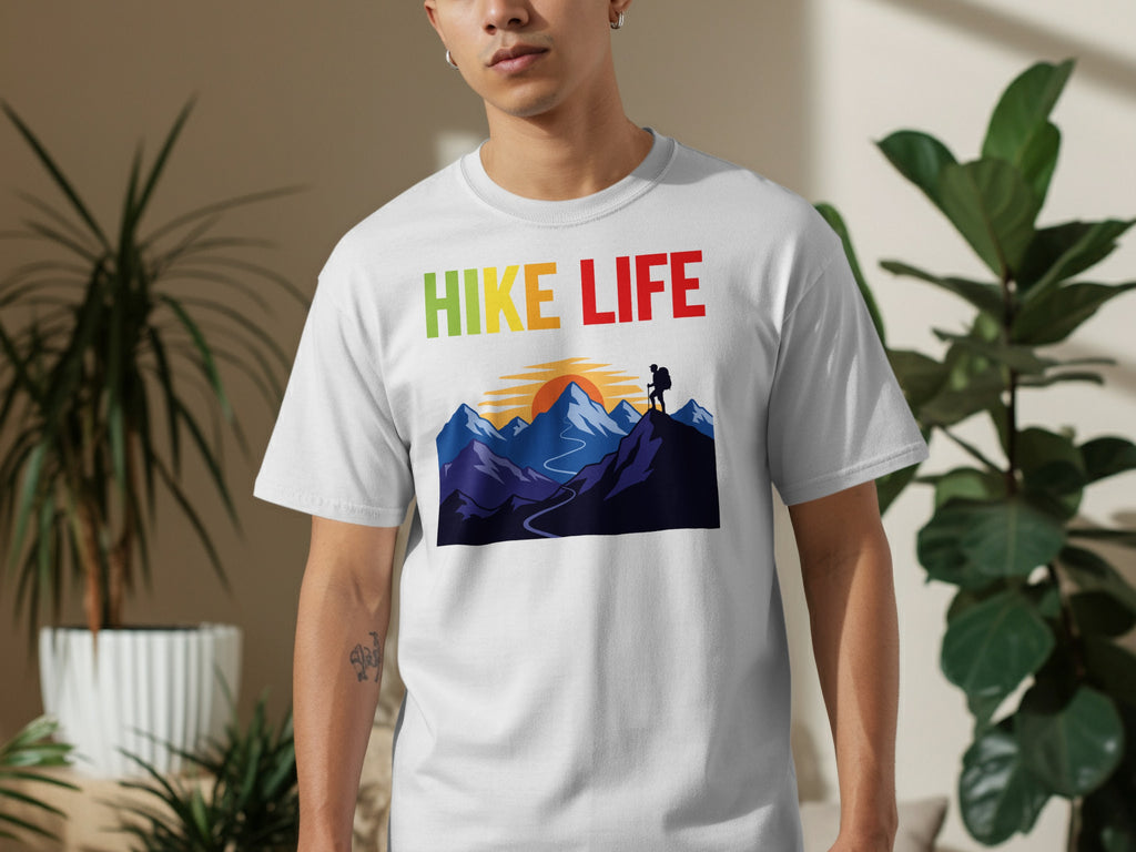 White t-shirt with "Hike Life" text and mountain landscape graphic.