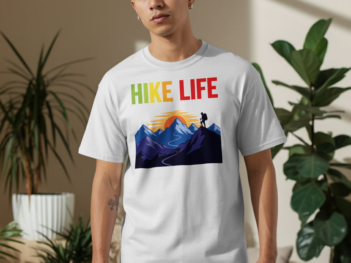 White t-shirt with "Hike Life" text and mountain landscape graphic.