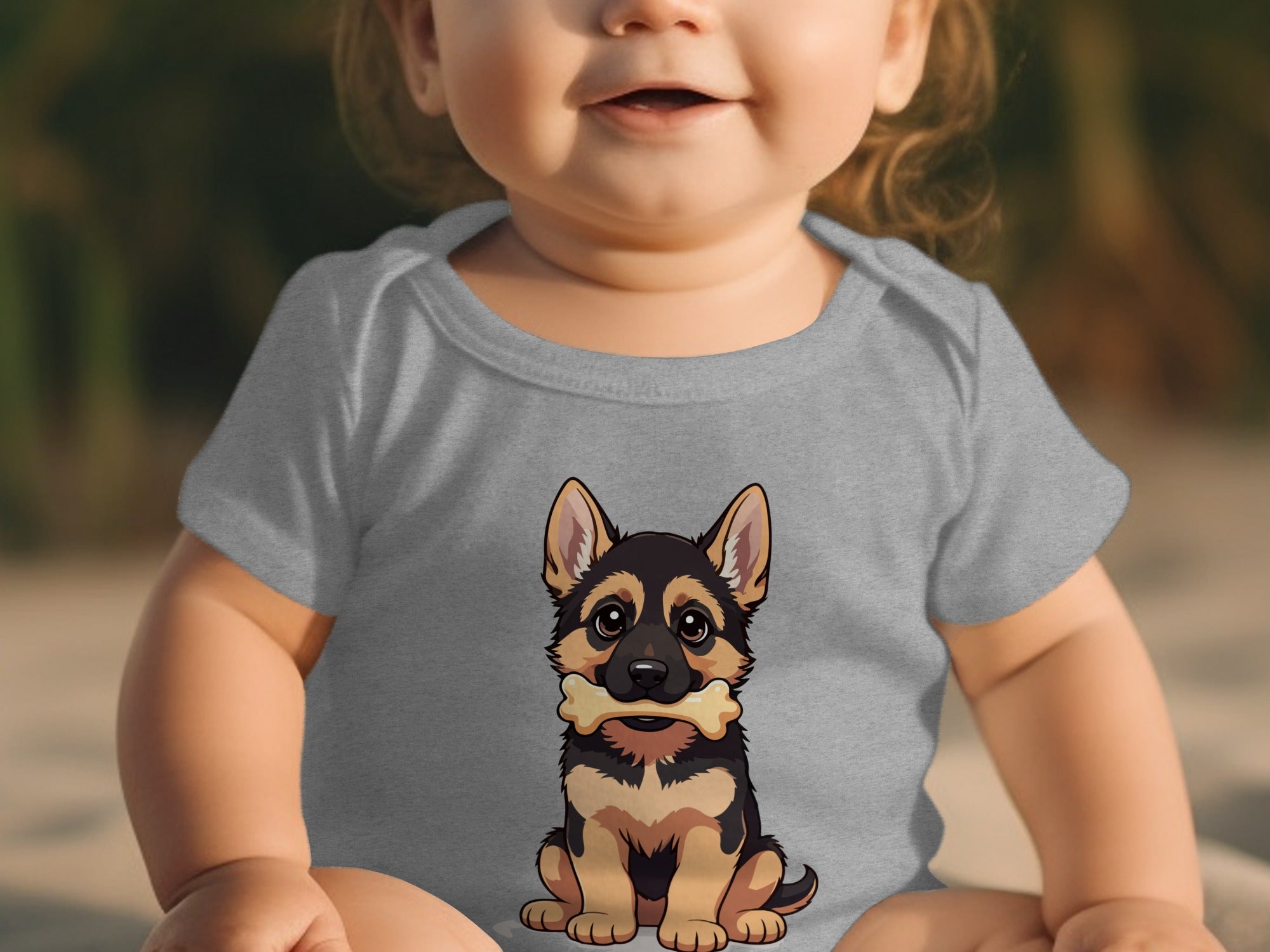 Grey baby onesie with cartoon German Shepherd puppy graphic holding a bone.