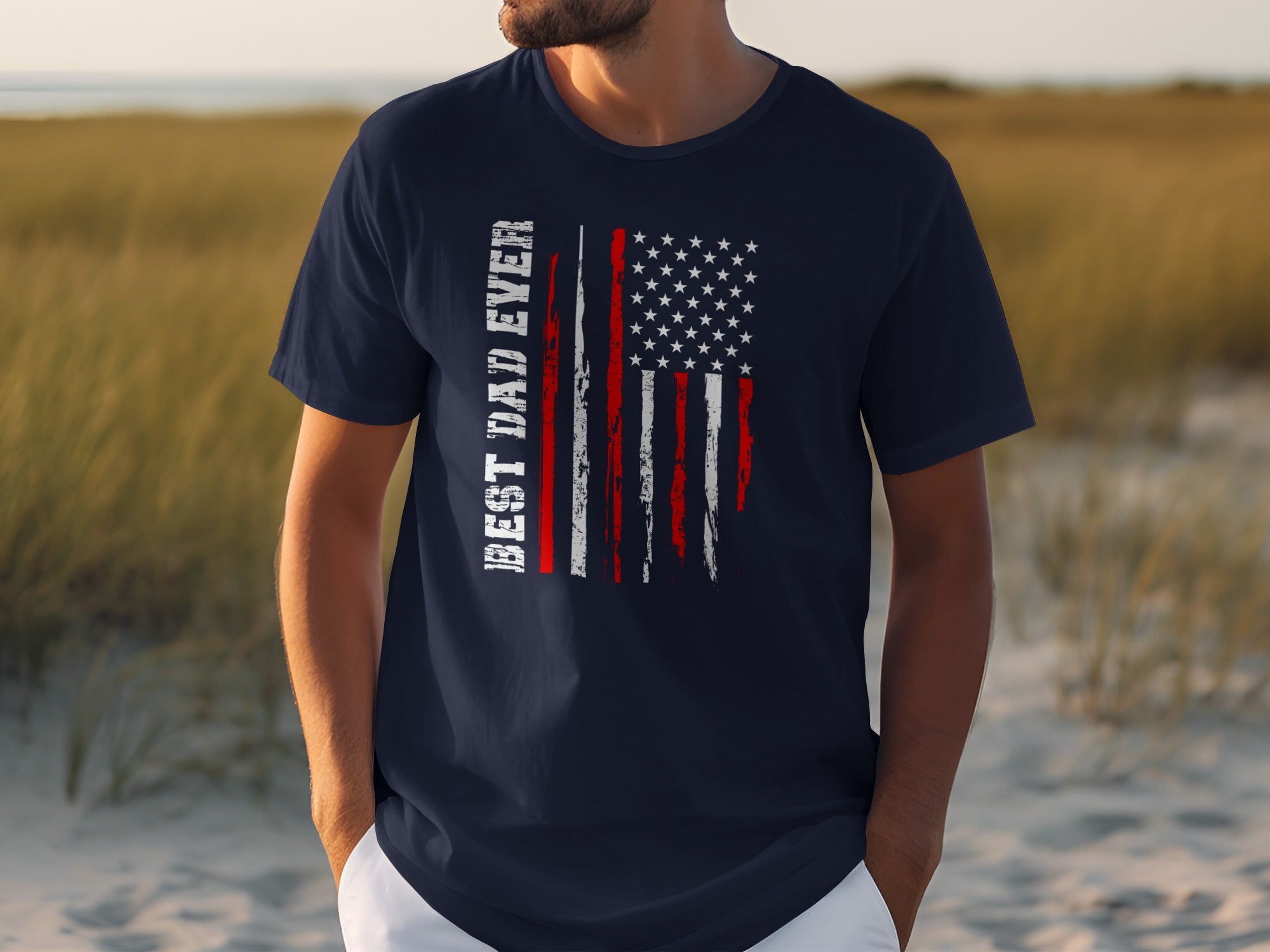Navy t-shirt with distressed American flag graphic and "BEST DAD EVER" text.