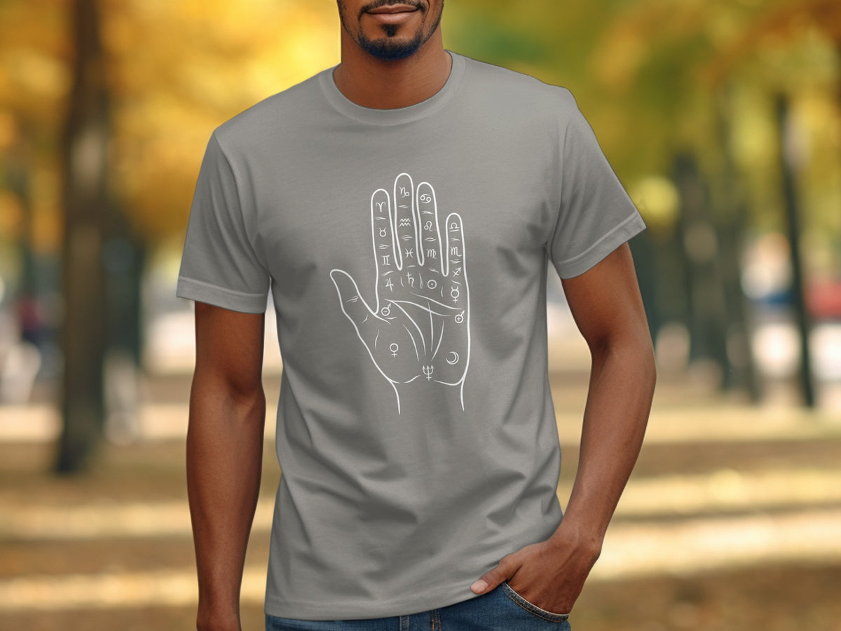 Gray t-shirt with white line drawing of a hand with astrological symbols.