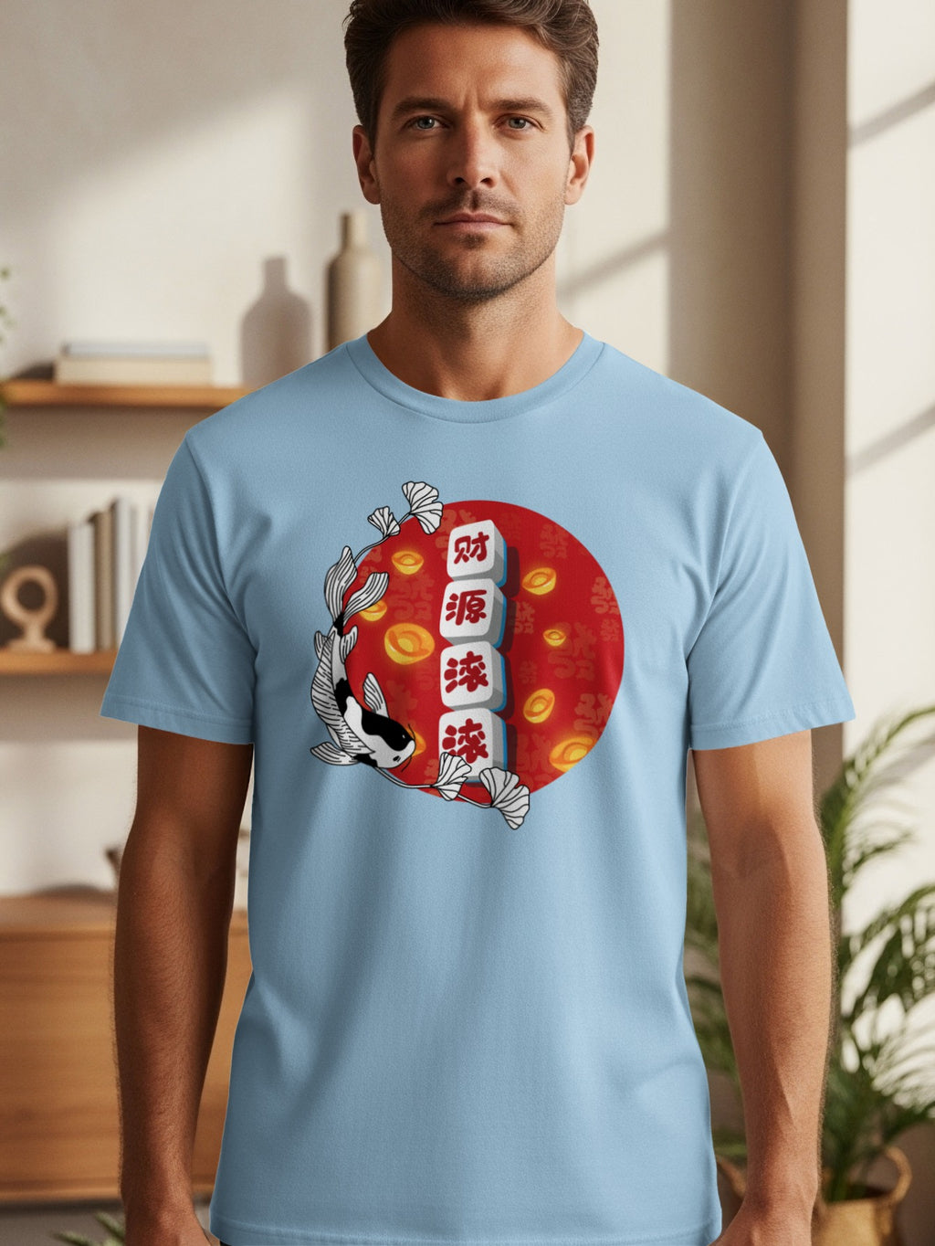 Light blue t-shirt with koi, ginkgo leaves, and Chinese text on a red sun.