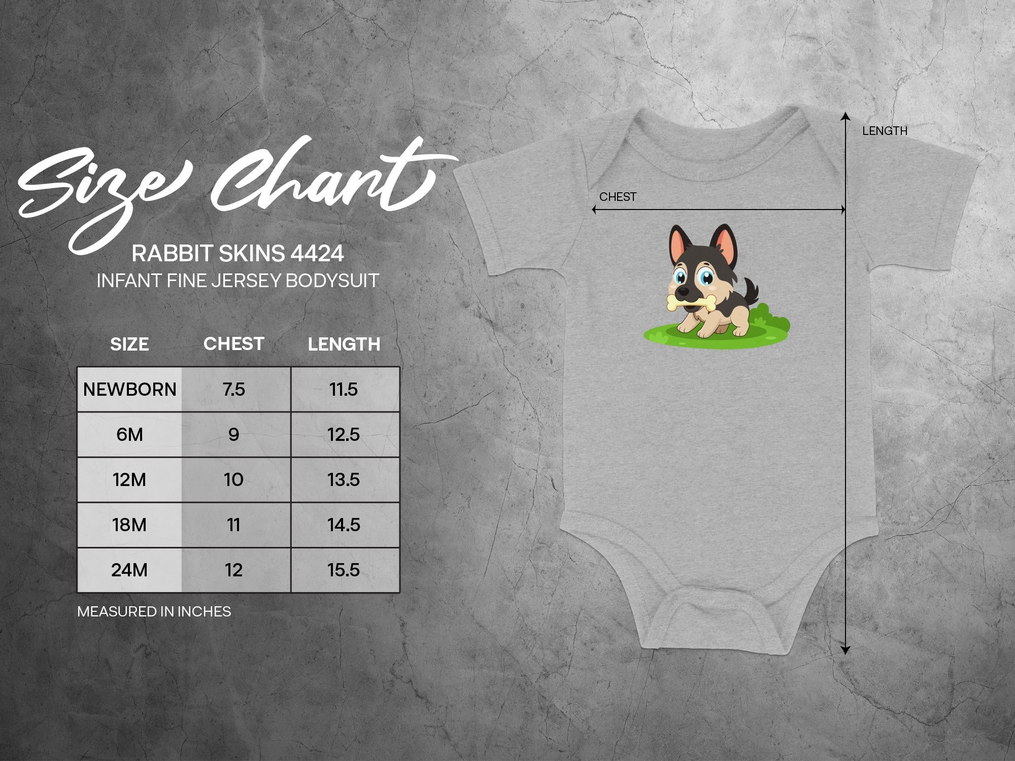 Rabbit Skins 4424 infant bodysuit size chart with chest and length measurements in inches.
