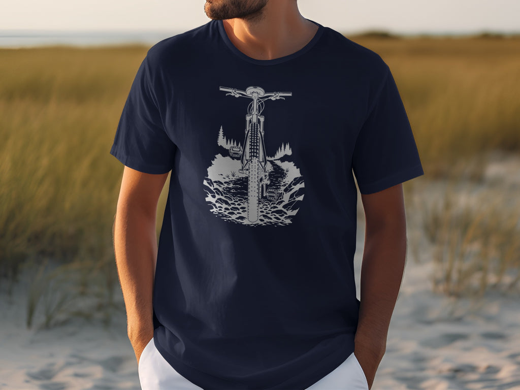 Navy t-shirt with white graphic of a dirt bike on a rocky trail.