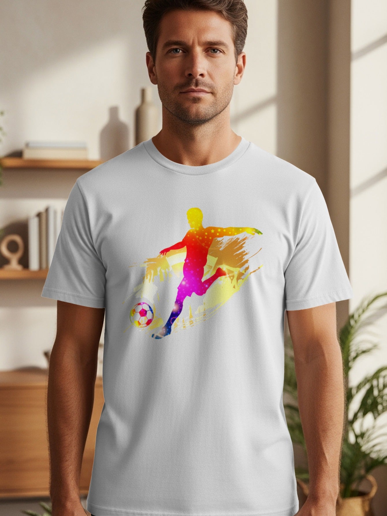 White t-shirt with colorful soccer player graphic and soccer ball design.
