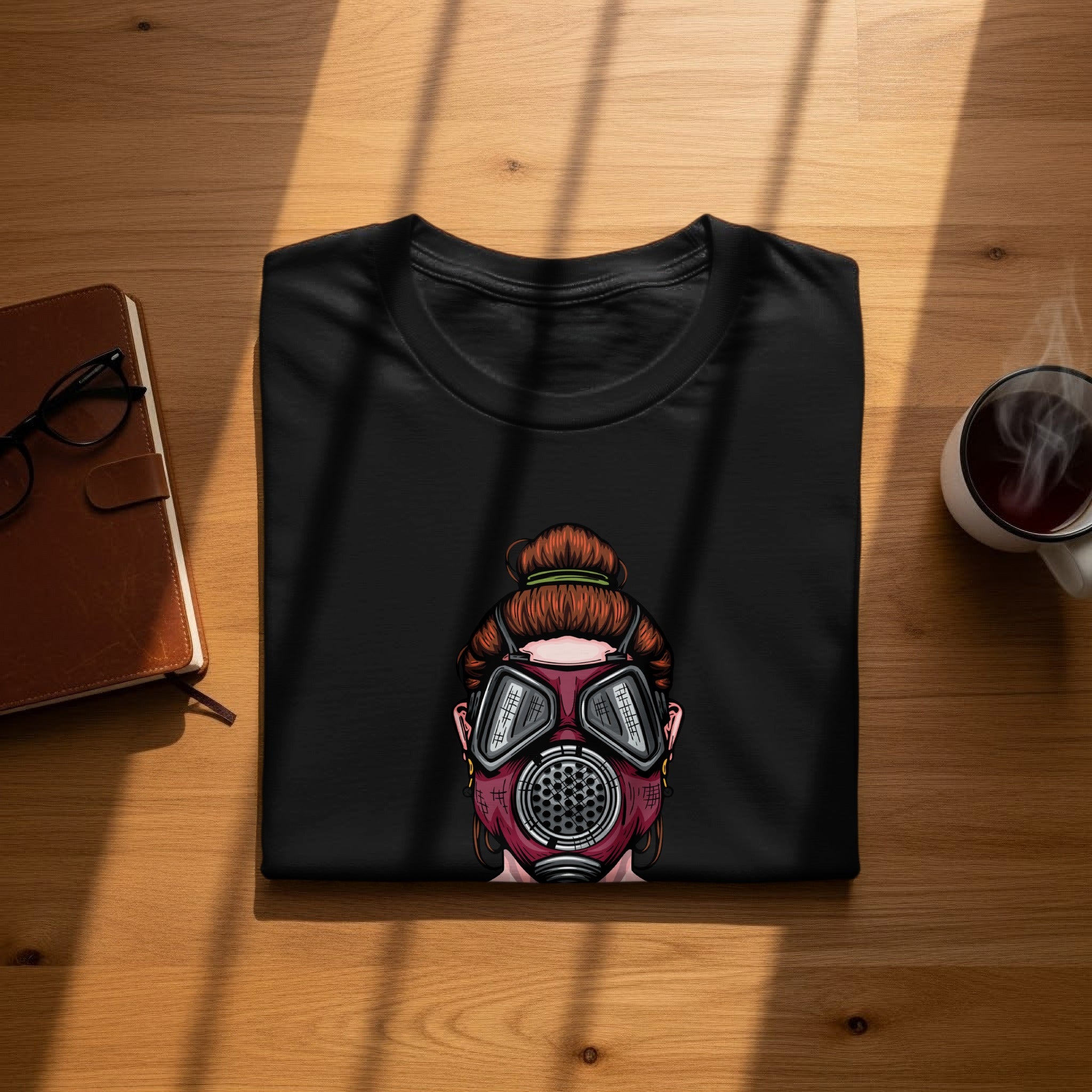 Black t-shirt with illustration of a person wearing a red gas mask.