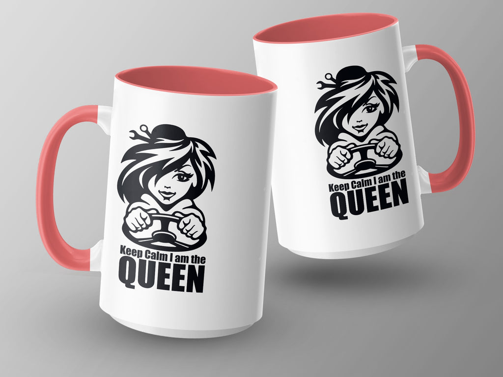 Two white mugs with pink interiors, featuring a "Keep Calm I am the QUEEN" graphic.