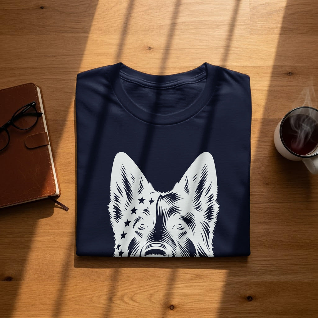 Navy t-shirt with a white star-spangled dog face design.