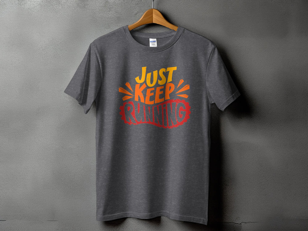 Dark gray t-shirt with "JUST KEEP RUNNING" graphic in yellow and red.