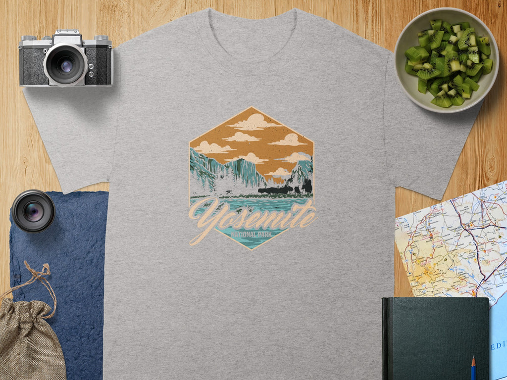 Grey t-shirt featuring a hexagon graphic with Yosemite National Park mountain and lake scene.