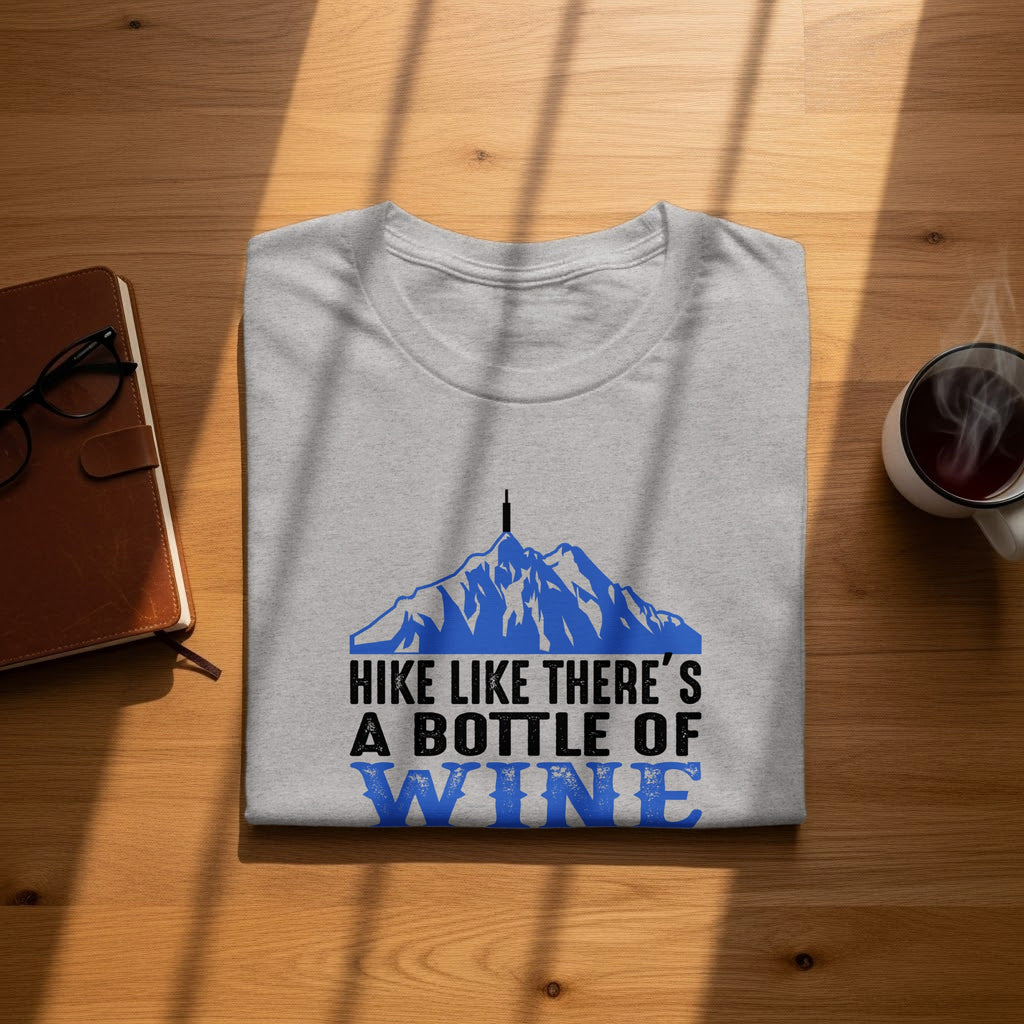 Grey t-shirt with mountains and text "HIKE LIKE THERE'S A BOTTLE OF WINE."