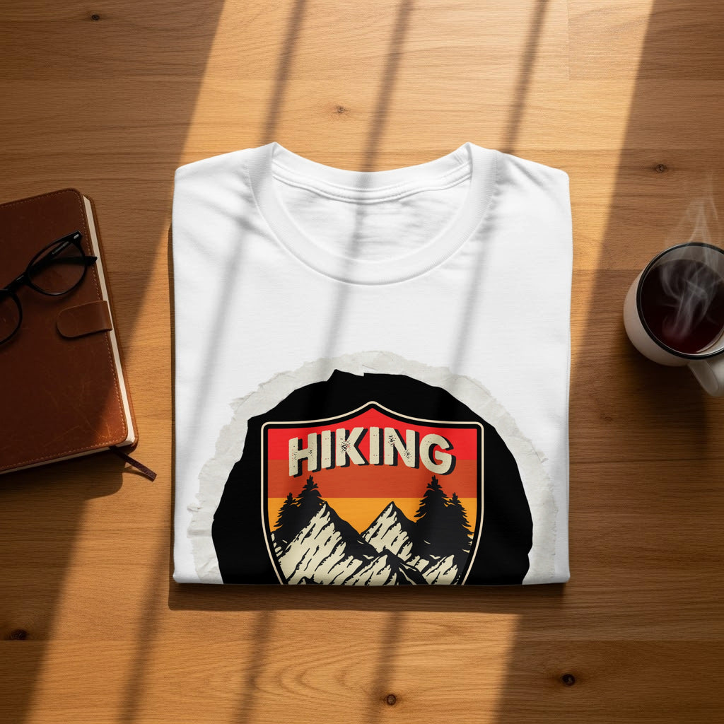 White t-shirt with an emblem featuring "HIKING" above mountains and trees.