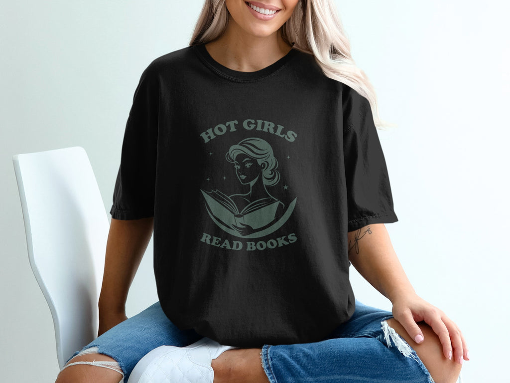 Black t-shirt with "Hot Girls Read Books" graphic of a woman reading.