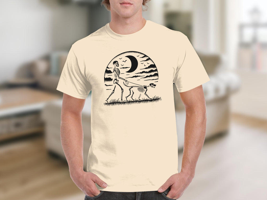 Skeleton walking a skeleton dog under a crescent moon and clouds.