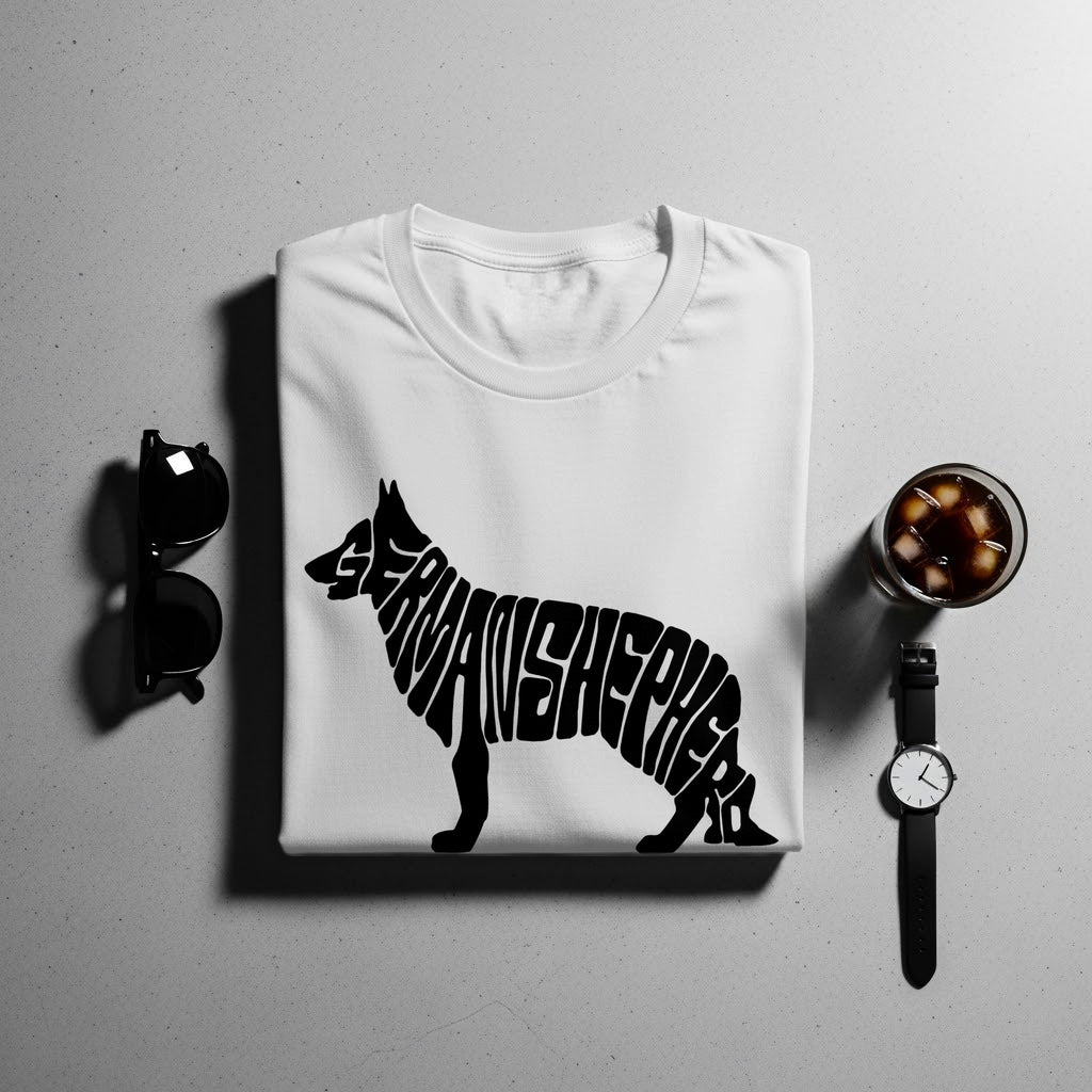 White t-shirt with silhouette of German Shepherd formed by text.