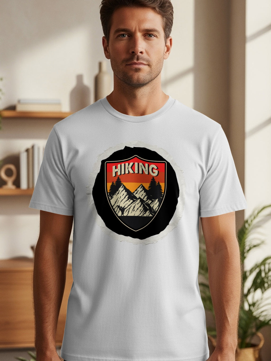White t-shirt with "Hiking" text and mountain landscape badge on chest.