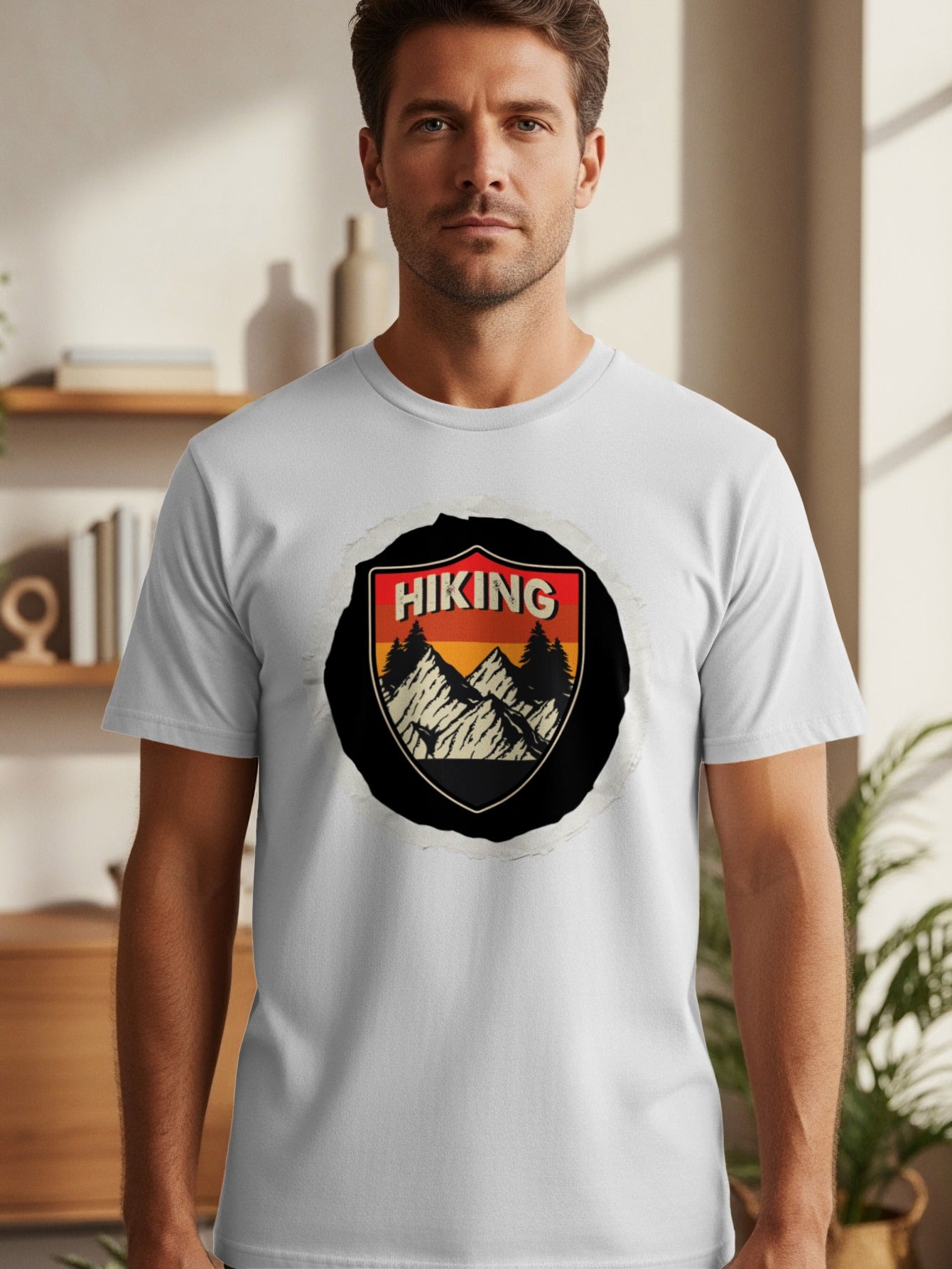 White t-shirt with "Hiking" text and mountain landscape badge on chest.