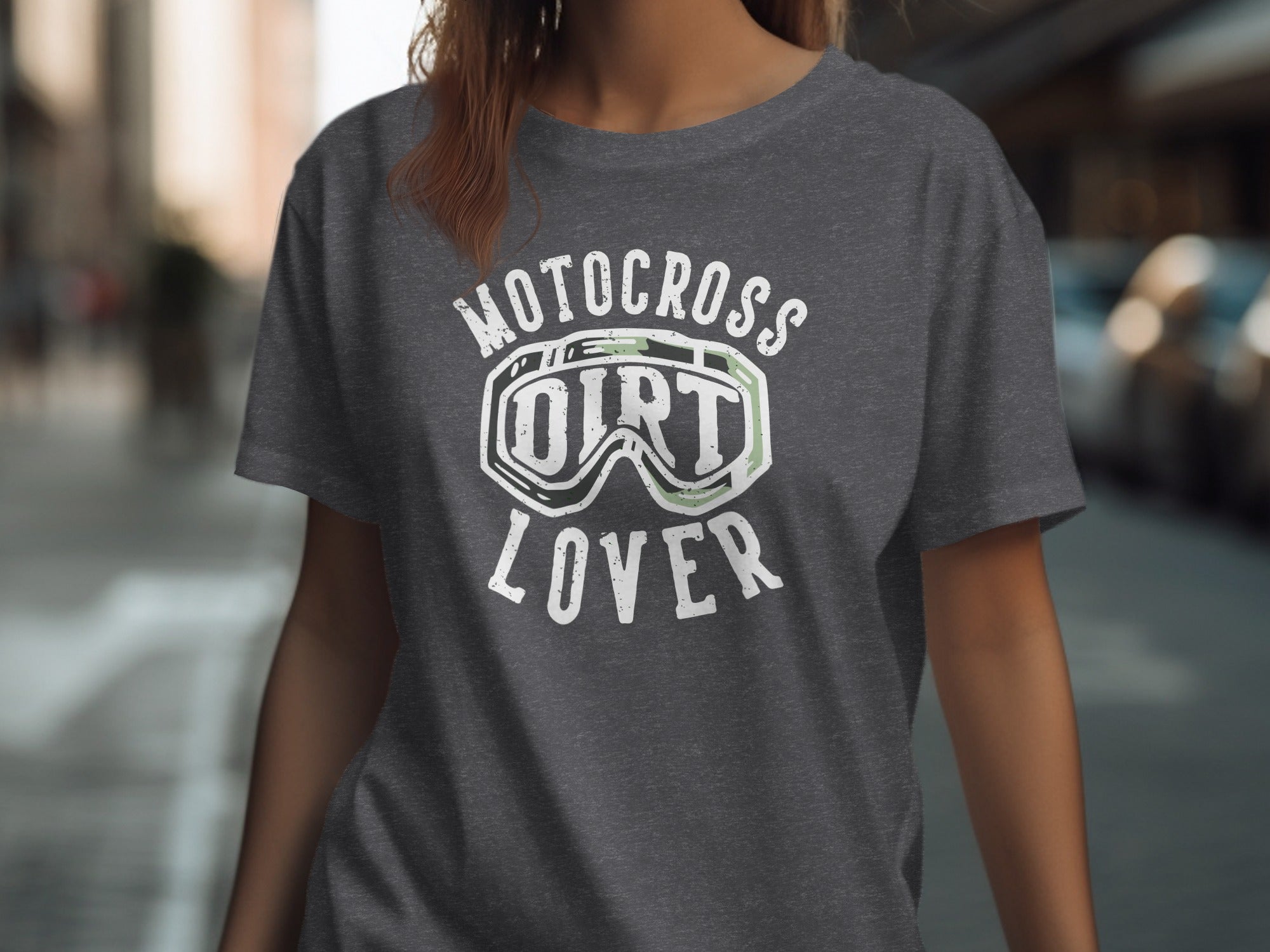Dark grey t-shirt with "Motocross Dirt Lover" text and goggles graphic.