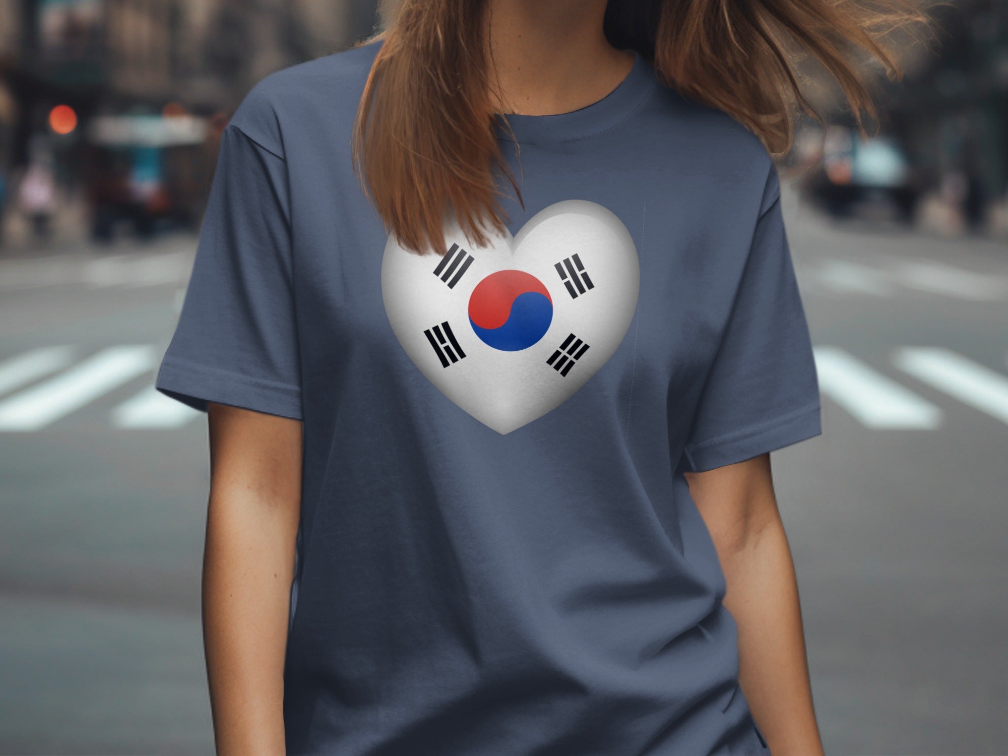 Blue t-shirt with a white heart displaying the South Korean flag on the chest.