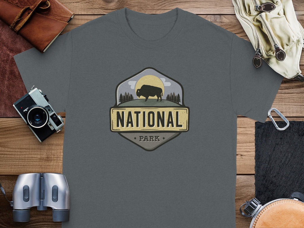 Gray t-shirt with a "National Park" bison emblem.