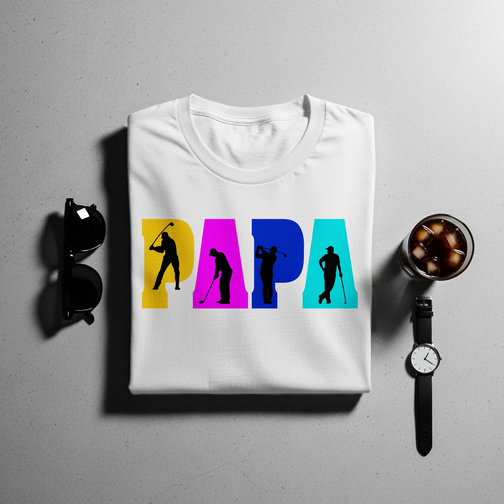 White t-shirt with "PAPA" text and golfer silhouettes in colorful blocks.
