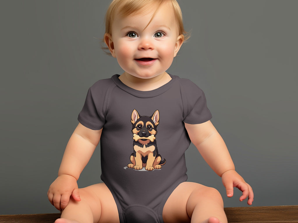 Baby in grey onesie with cartoon German Shepherd puppy holding bone graphic.