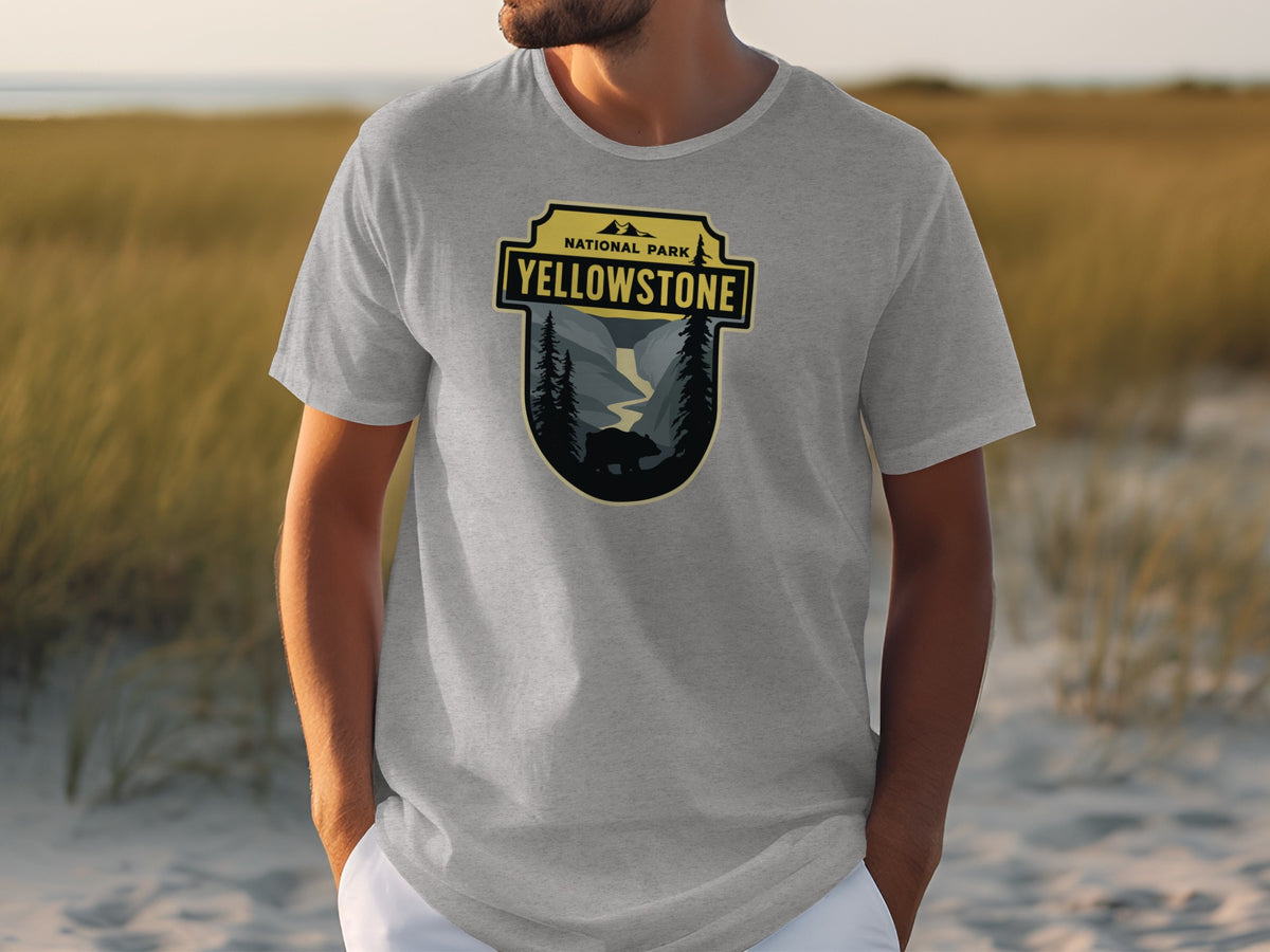 Grey t-shirt with Yellowstone National Park graphic featuring a bear and trees.