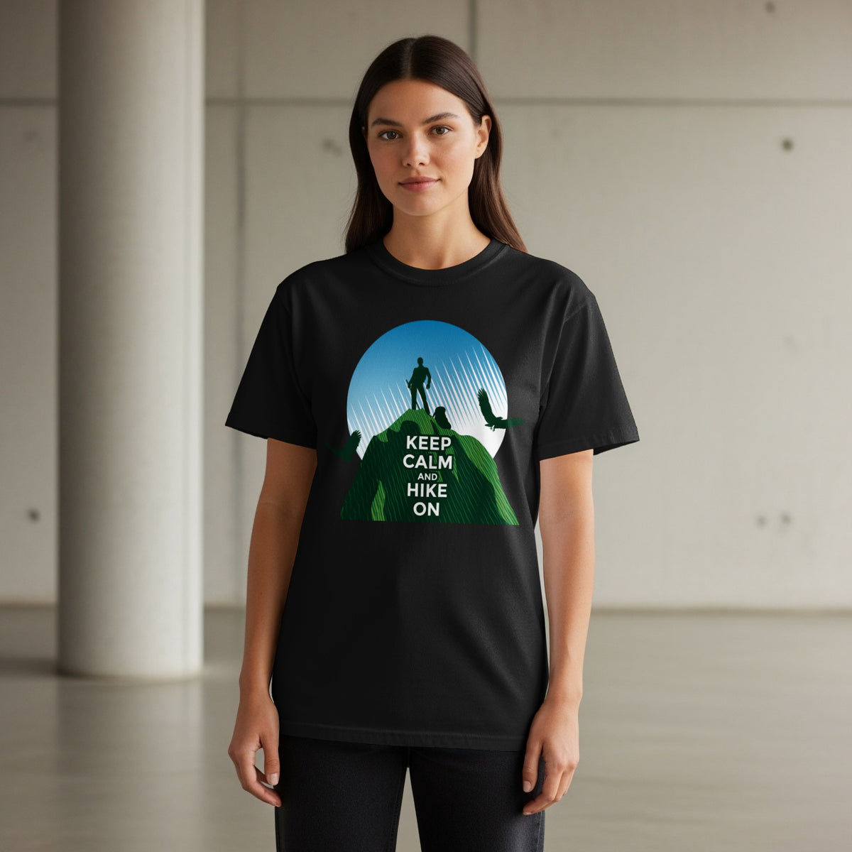 Black t-shirt with "KEEP CALM AND HIKE ON" text and hiker silhouette.