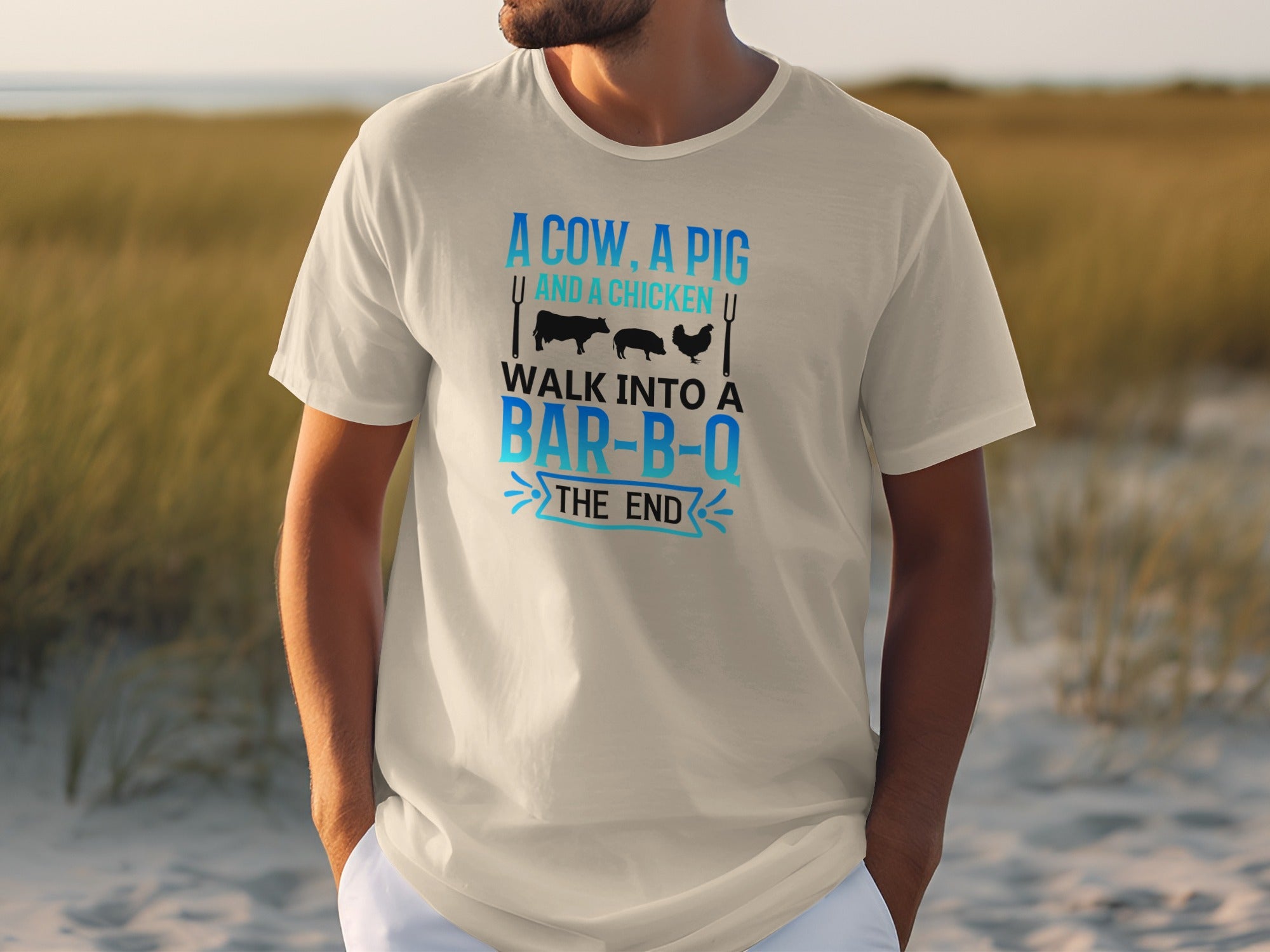 "A cow, a pig and a chicken walk into a bar-b-q the end" t-shirt design.