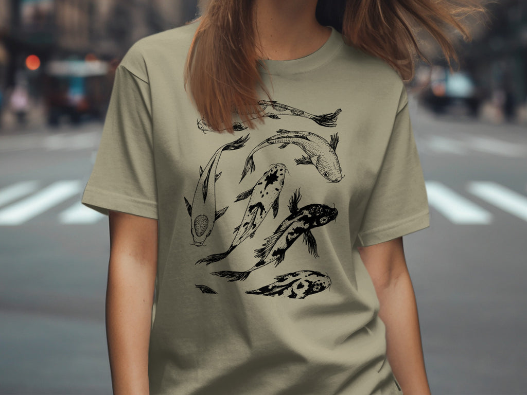 Tan t-shirt featuring a detailed black line drawing of koi fish.