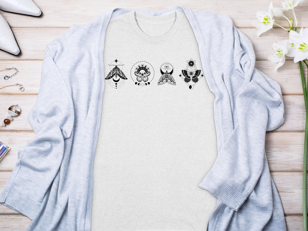 Light gray t-shirt with celestial moth and moon phases graphic design.