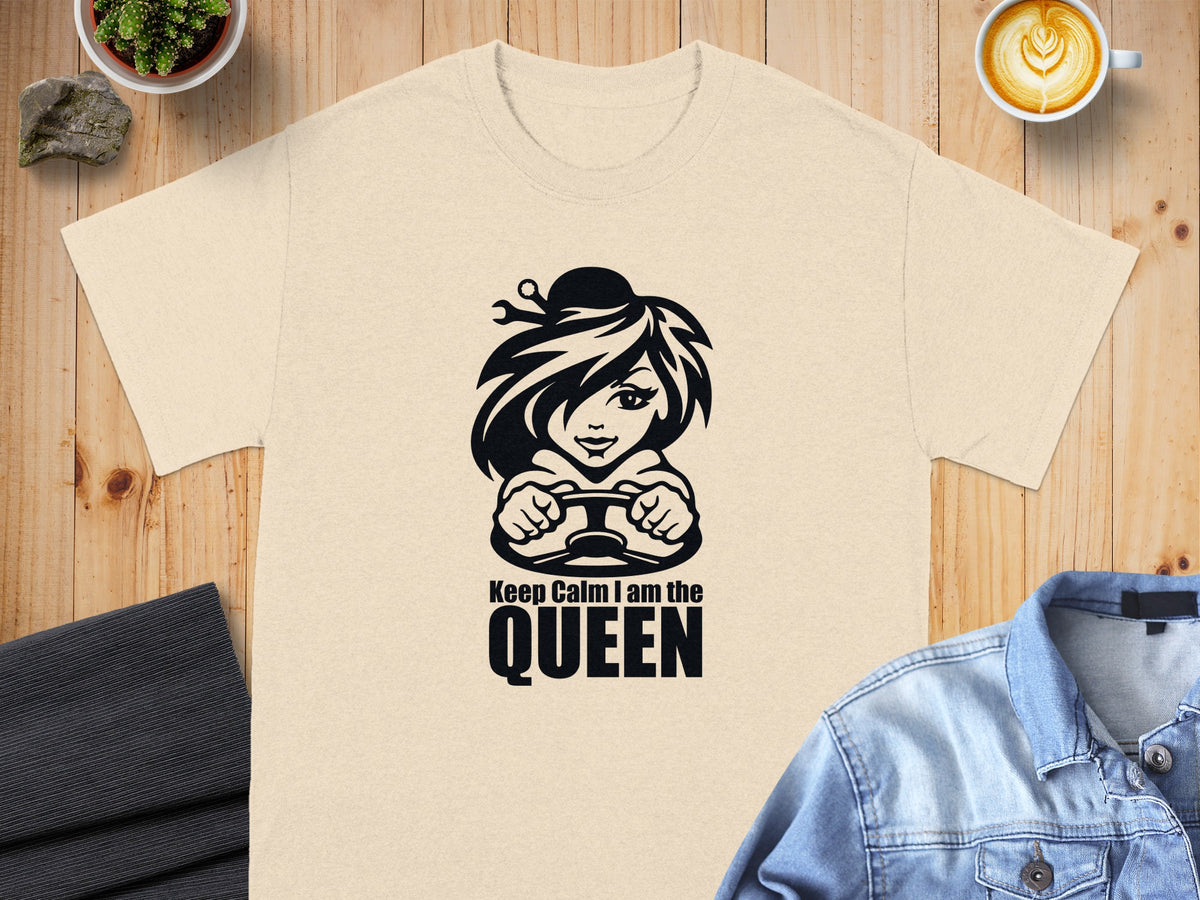 Cream t-shirt with black graphic: woman driving, "Keep Calm I am the QUEEN".