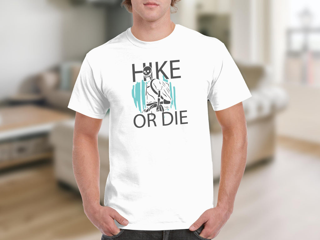 White t-shirt with "HIKE OR DIE" text and skeleton graphic.