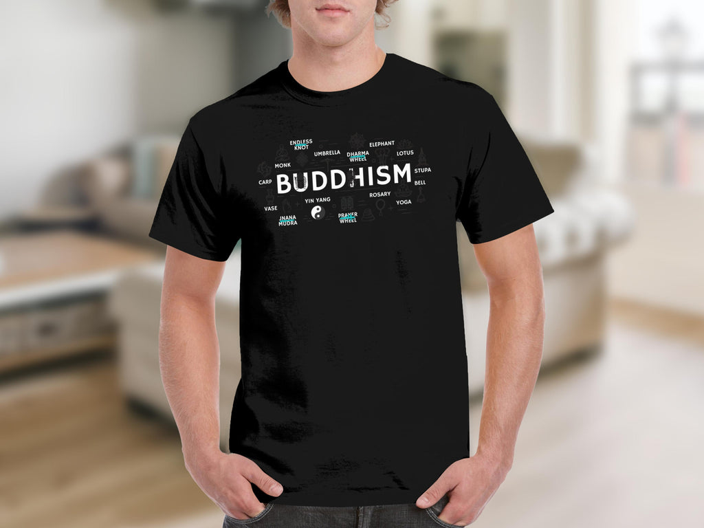 Black t-shirt with "BUDDHISM" and related symbols on the front.