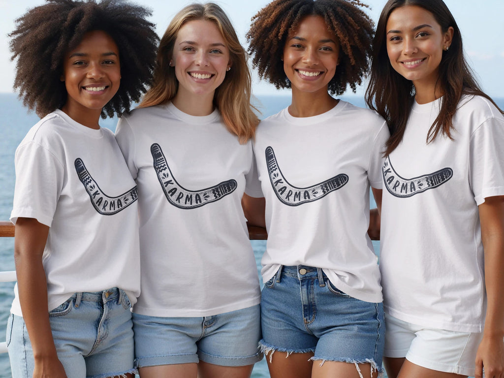 Four women in white t-shirts with boomerang karma design and denim shorts.