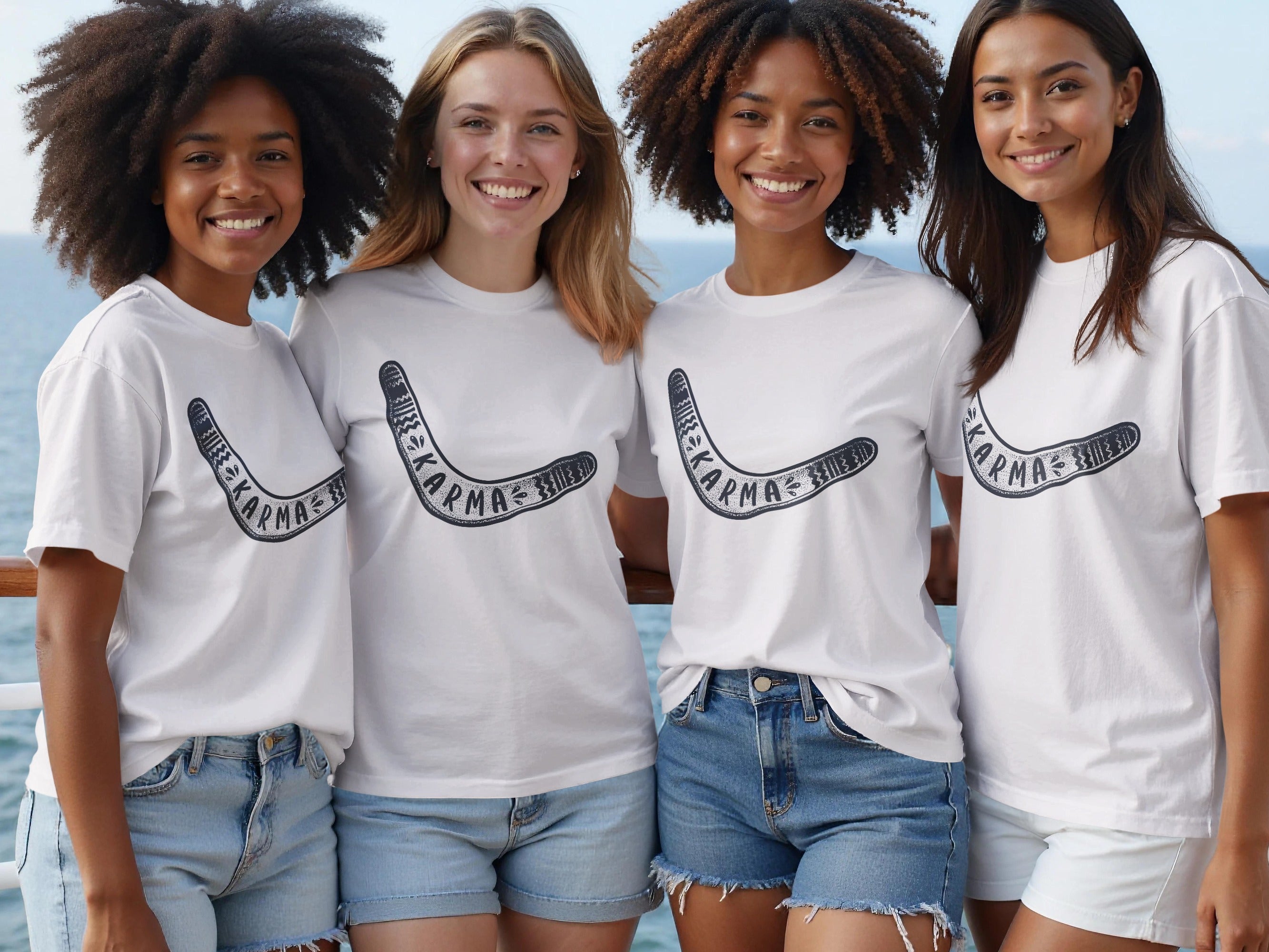 Four women in white t-shirts with boomerang karma design and denim shorts.