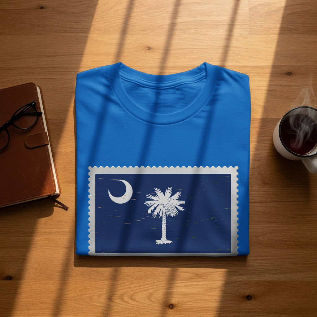 Blue t-shirt with South Carolina flag postage stamp design.