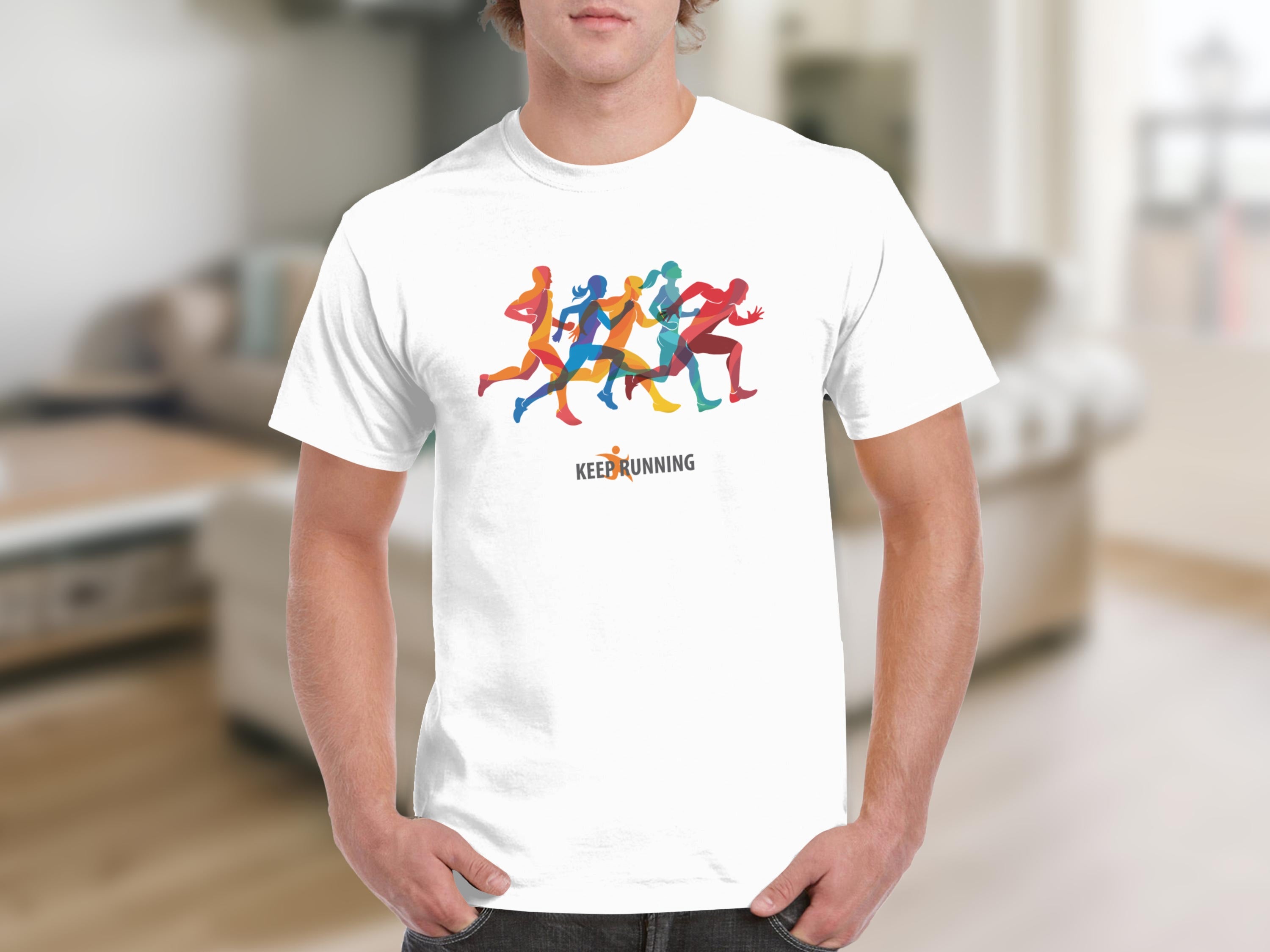 White t-shirt with colorful running figures and "Keep Running" text.