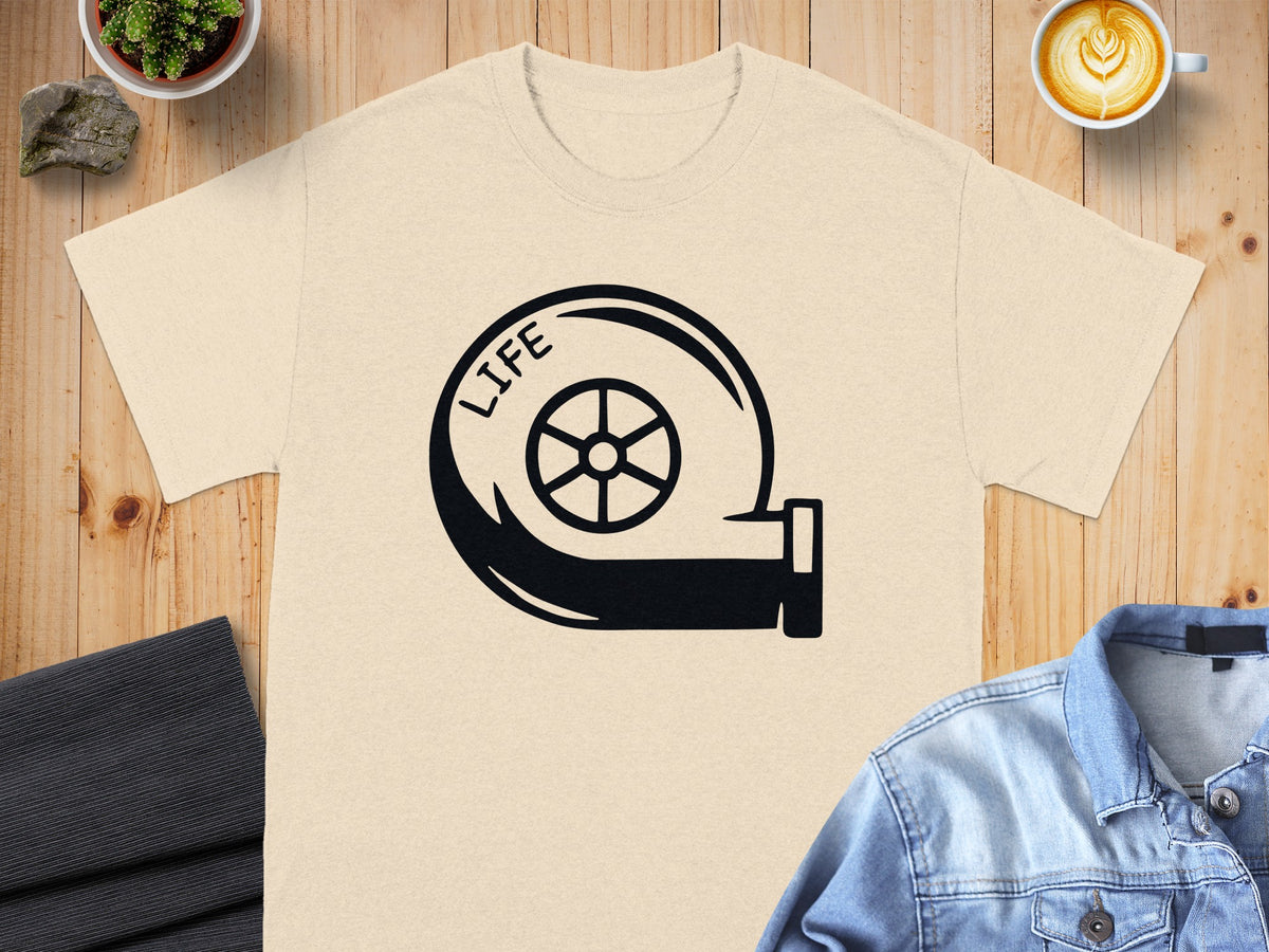 Beige t-shirt with black turbocharger graphic and "LIFE" text.