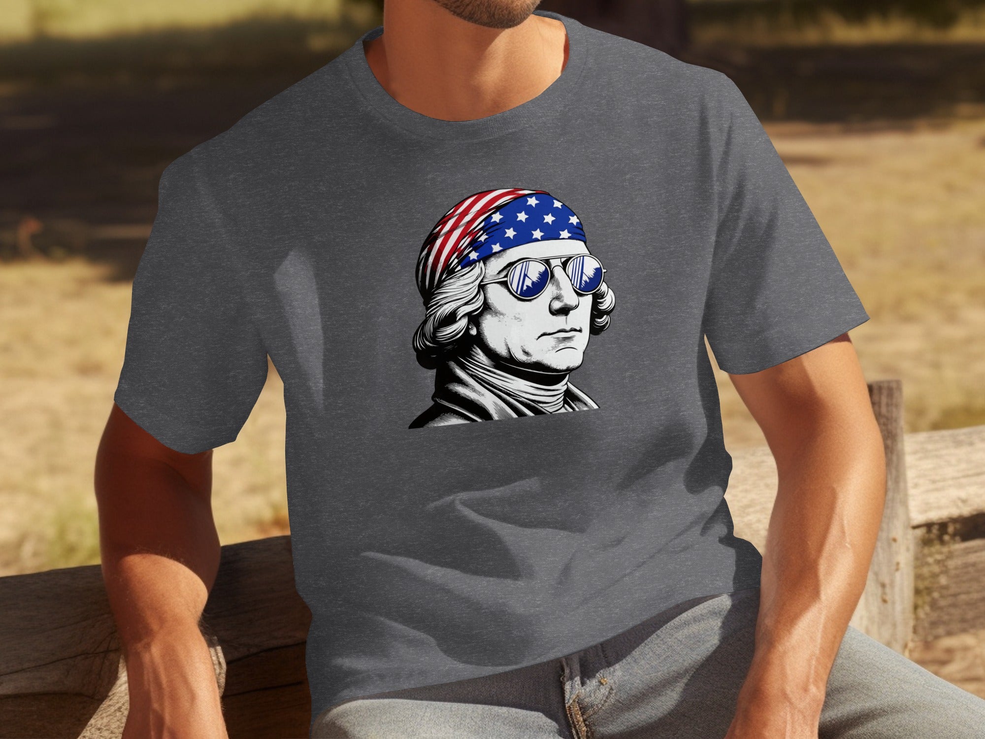 George Washington wearing bandana and sunglasses, printed on a dark grey t-shirt.