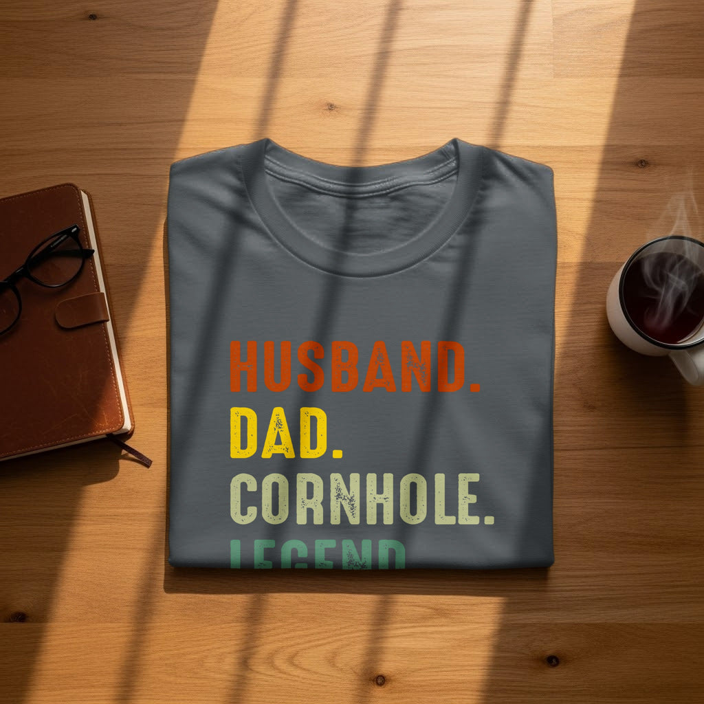 T-shirt with text "Husband. Dad. Cornhole. Legend." on a wooden surface.